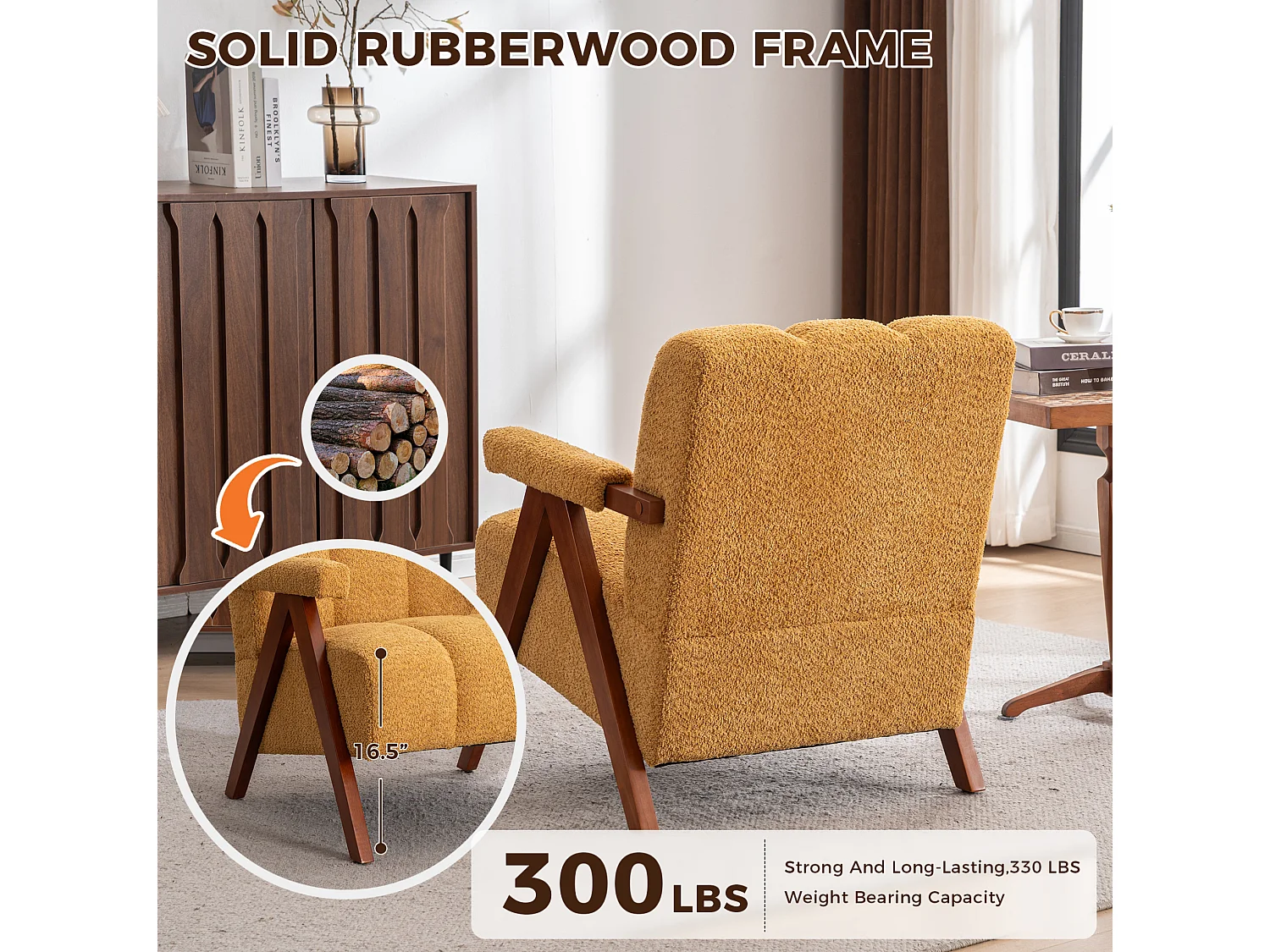 Fauteuil en tissu bouclé avec accoudoirs - Cadre en bois - Jaune