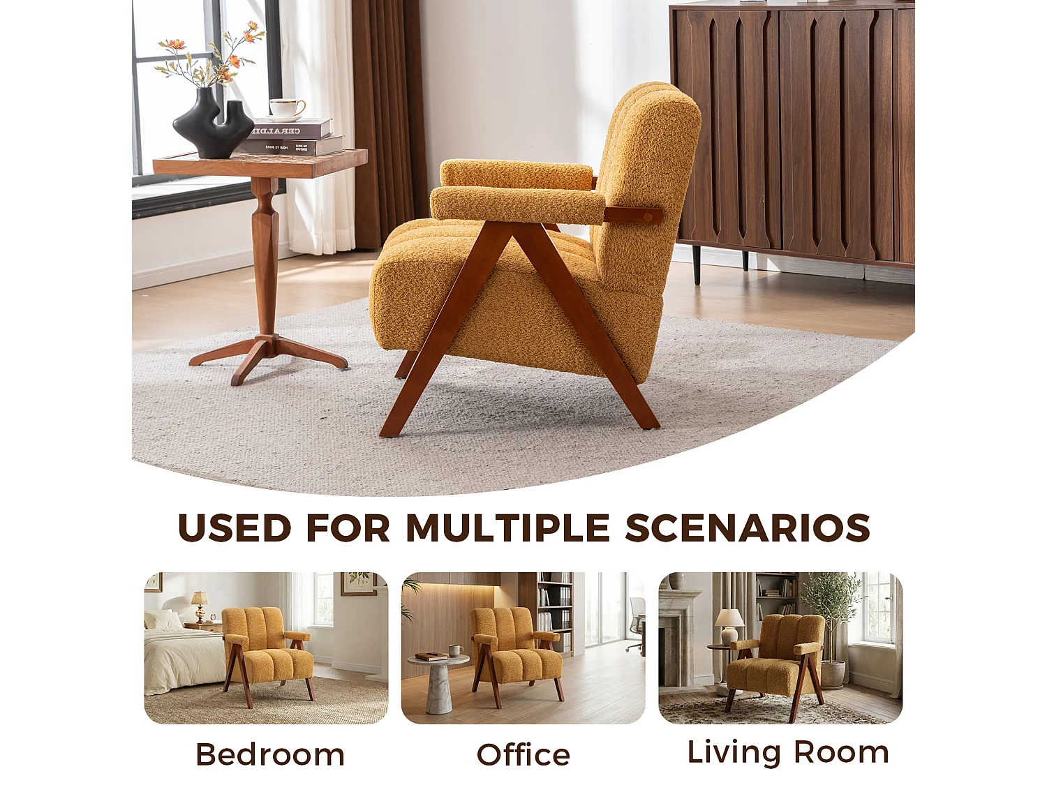 Fauteuil en tissu bouclé avec accoudoirs - Cadre en bois - Jaune
