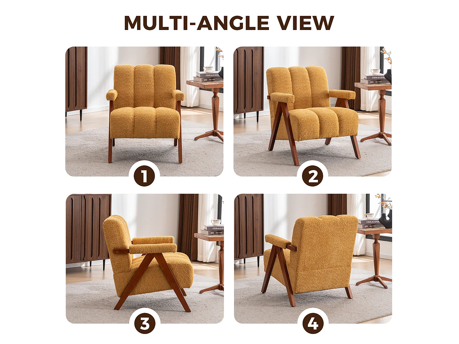 Fauteuil en tissu bouclé avec accoudoirs - Cadre en bois - Jaune
