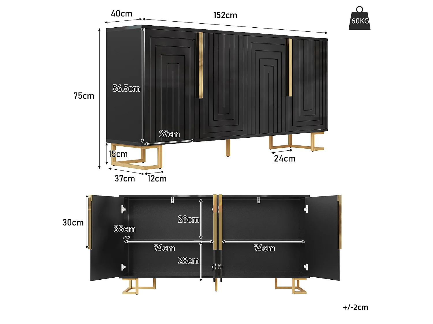 Skänk med 4 dörrar och guldfärgade metallben - Svart 152 x 40 x 75 cm