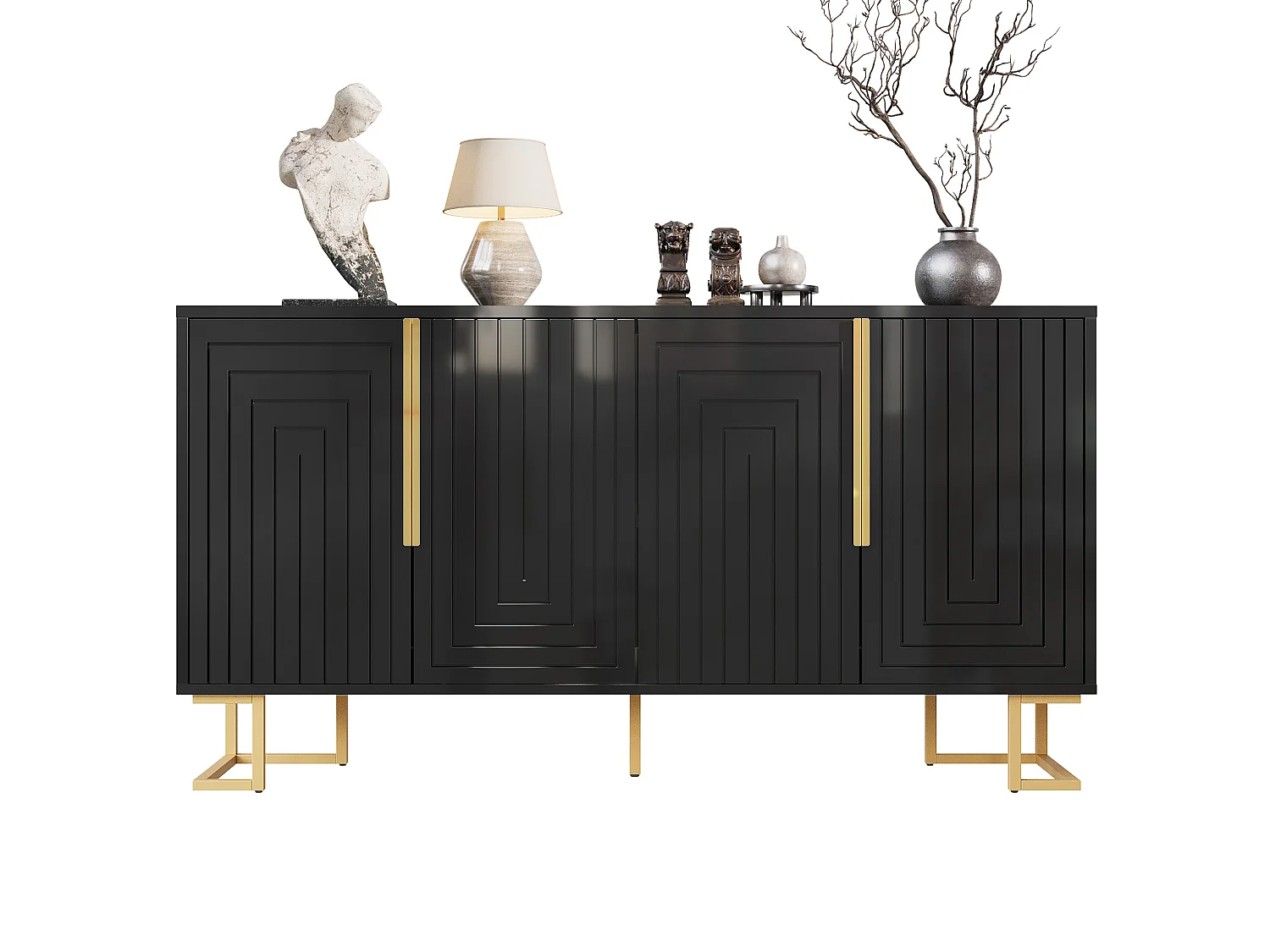 Skänk med 4 dörrar och guldfärgade metallben - Svart 152 x 40 x 75 cm