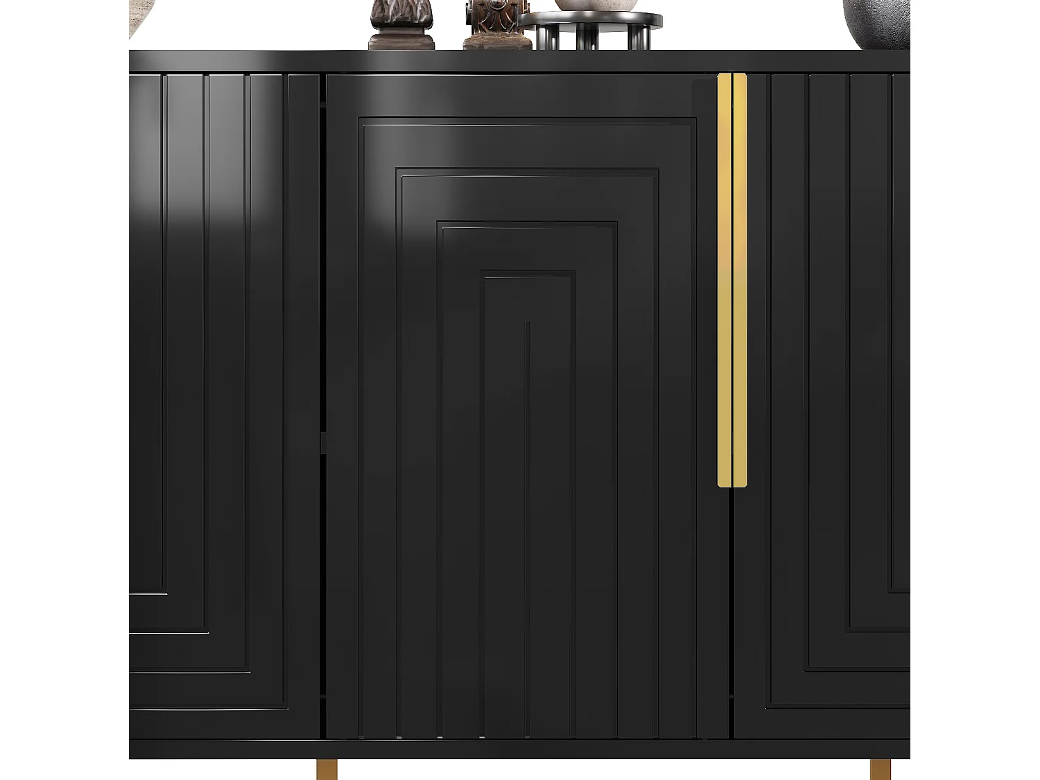Skänk med 4 dörrar och guldfärgade metallben - Svart 152 x 40 x 75 cm