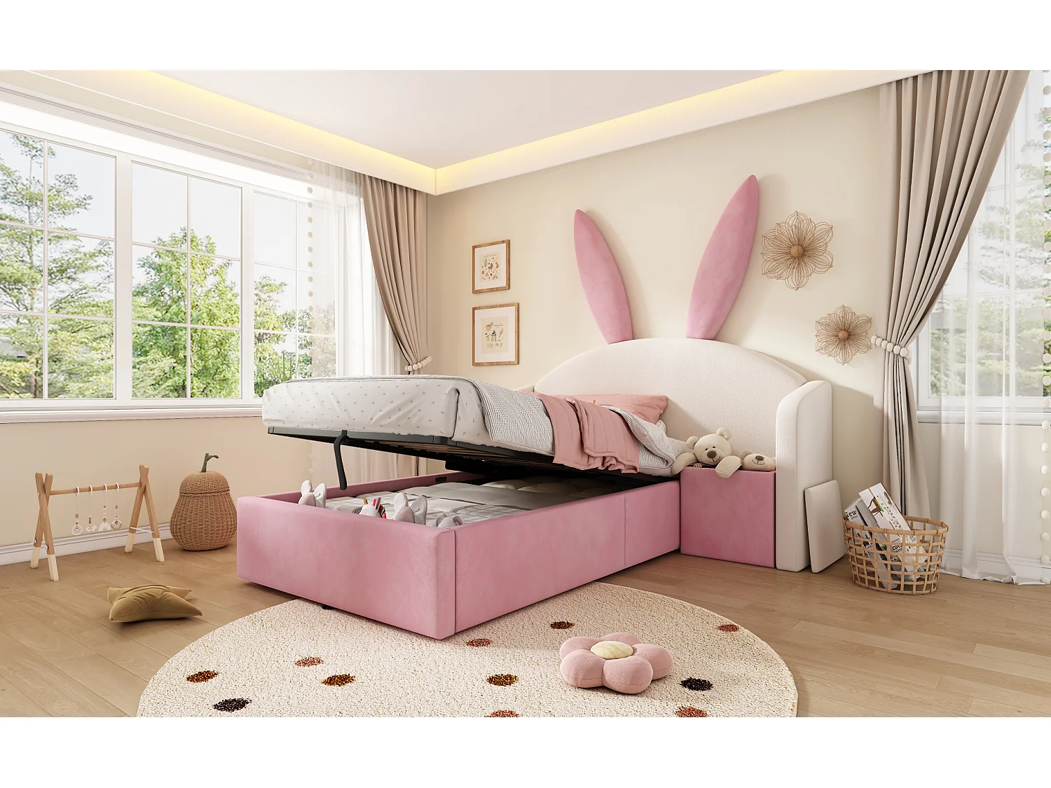 Lit coffre enfant 90x200 cm avec table de chevet et motif oreilles de lapin - Velours rose et beige