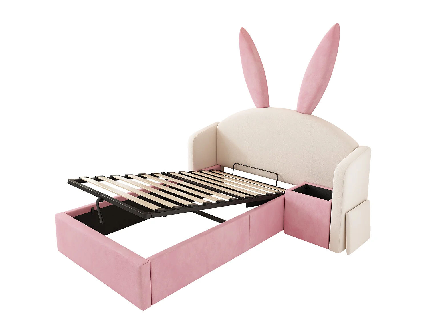 Lit coffre enfant 90x200 cm avec table de chevet et motif oreilles de lapin - Velours rose et beige