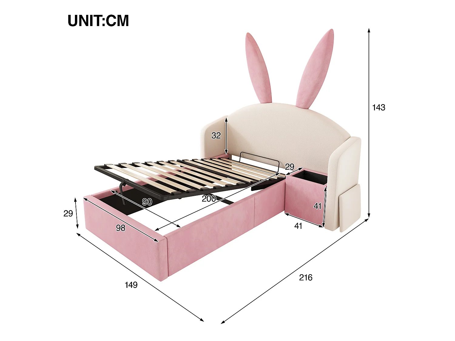Lit coffre enfant 90x200 cm avec table de chevet et motif oreilles de lapin - Velours rose et beige