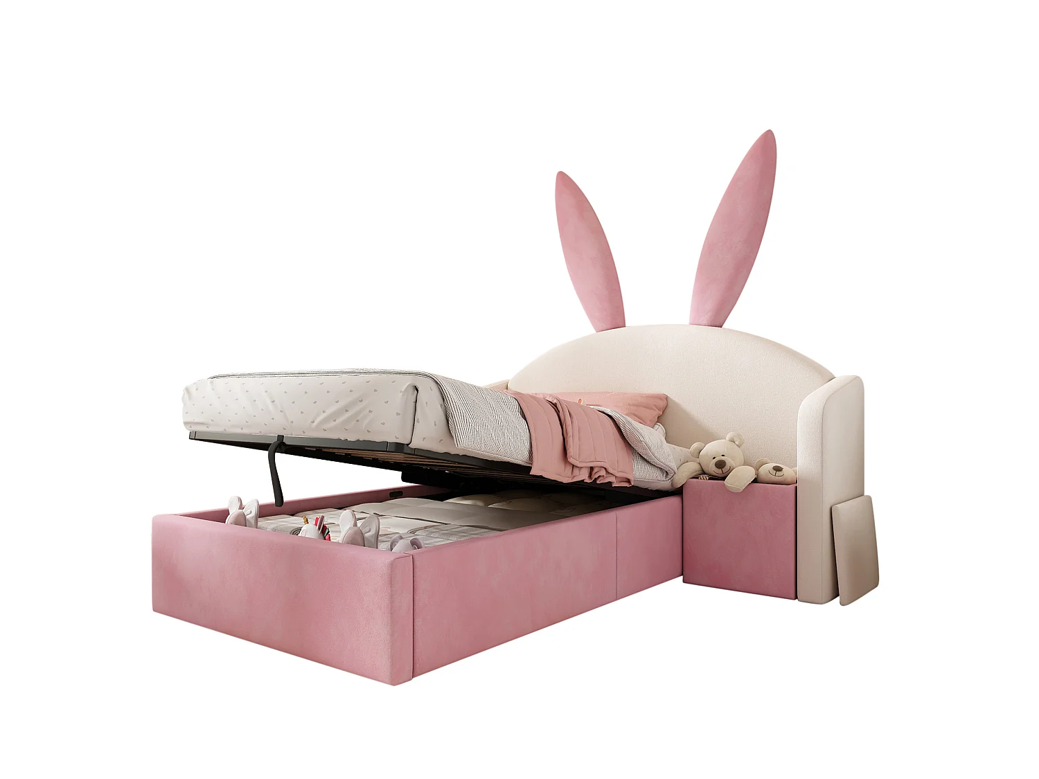 Lit coffre enfant 90x200 cm avec table de chevet et motif oreilles de lapin - Velours rose et beige