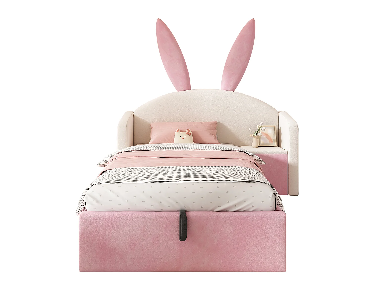 Lit coffre enfant 90x200 cm avec table de chevet et motif oreilles de lapin - Velours rose et beige
