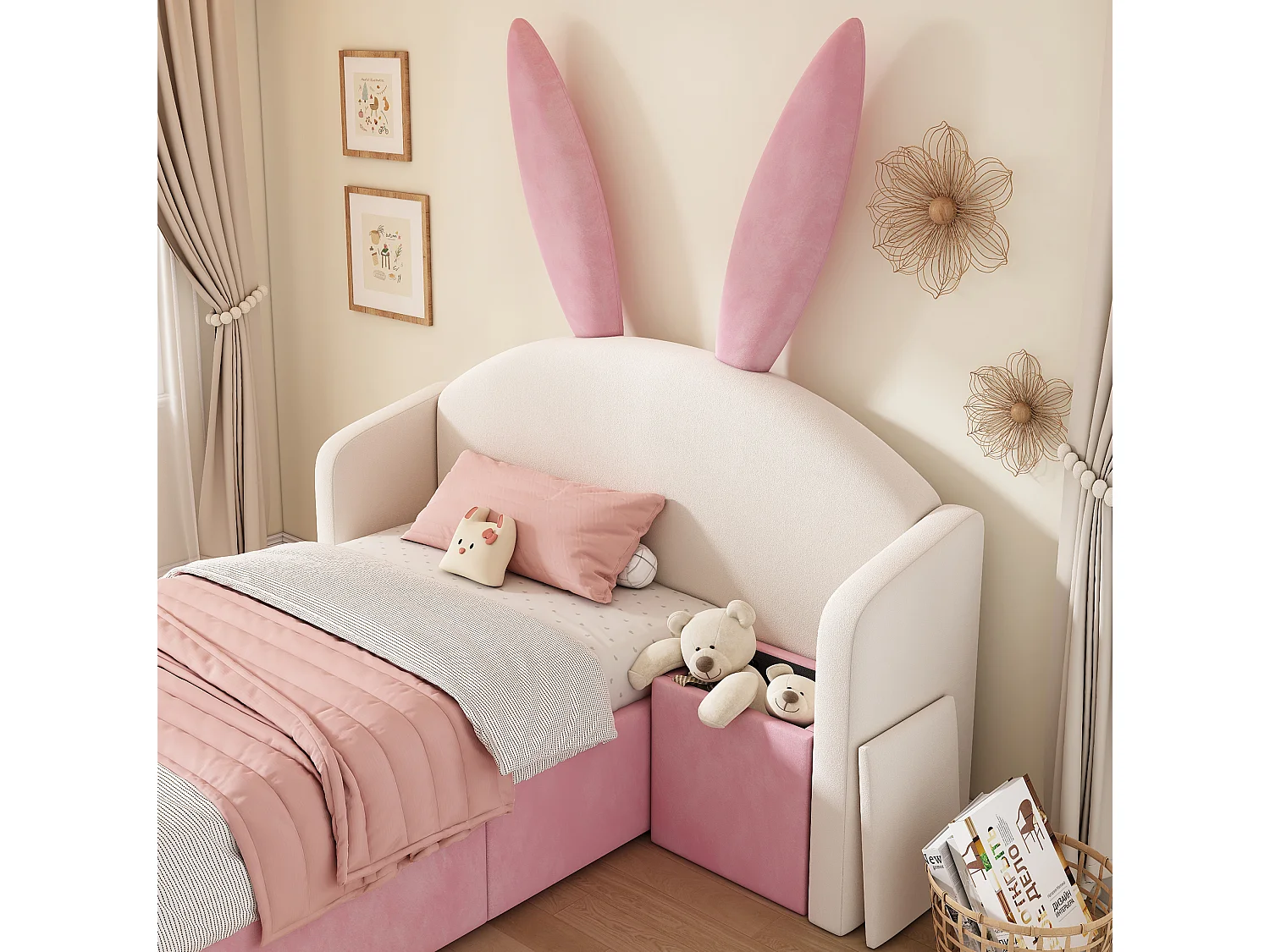 Lit coffre enfant 90x200 cm avec table de chevet et motif oreilles de lapin - Velours rose et beige