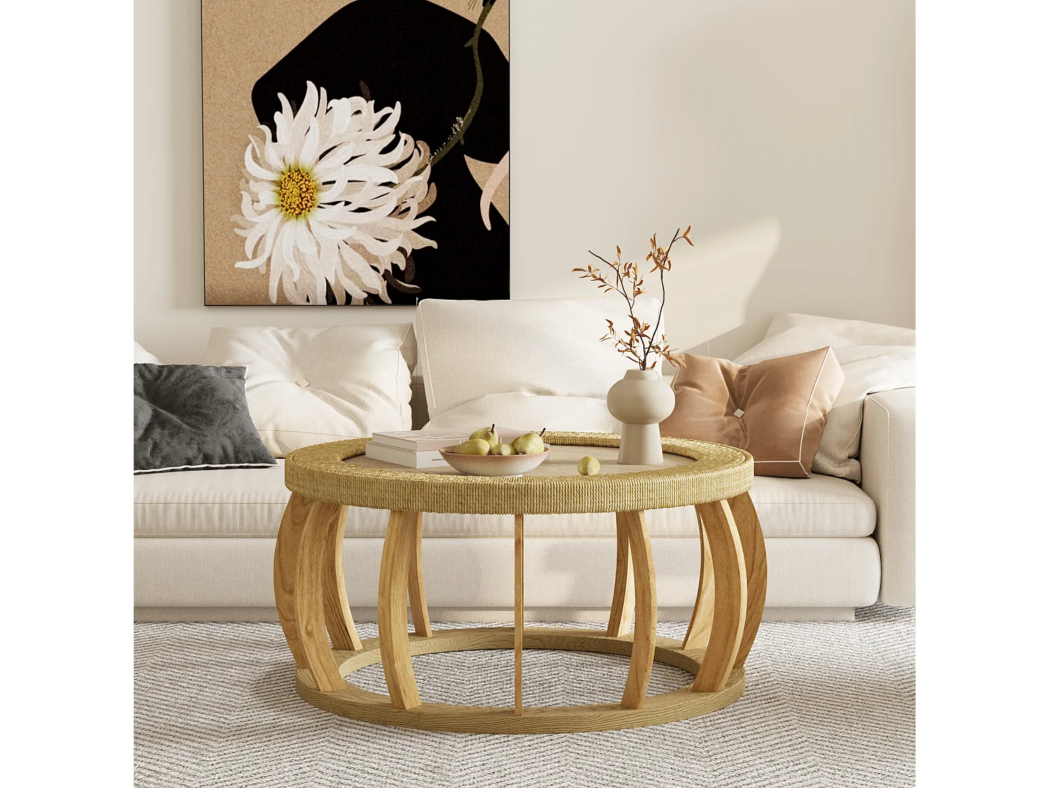 Table basse ronde 90x90x43 cm effet rotin - Pieds incurvés - Naturel clair