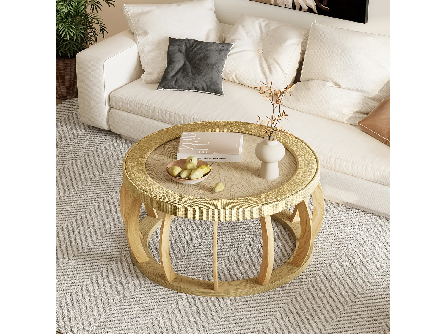 Table basse ronde 90x90x43 cm effet rotin - Pieds incurvés - Naturel clair