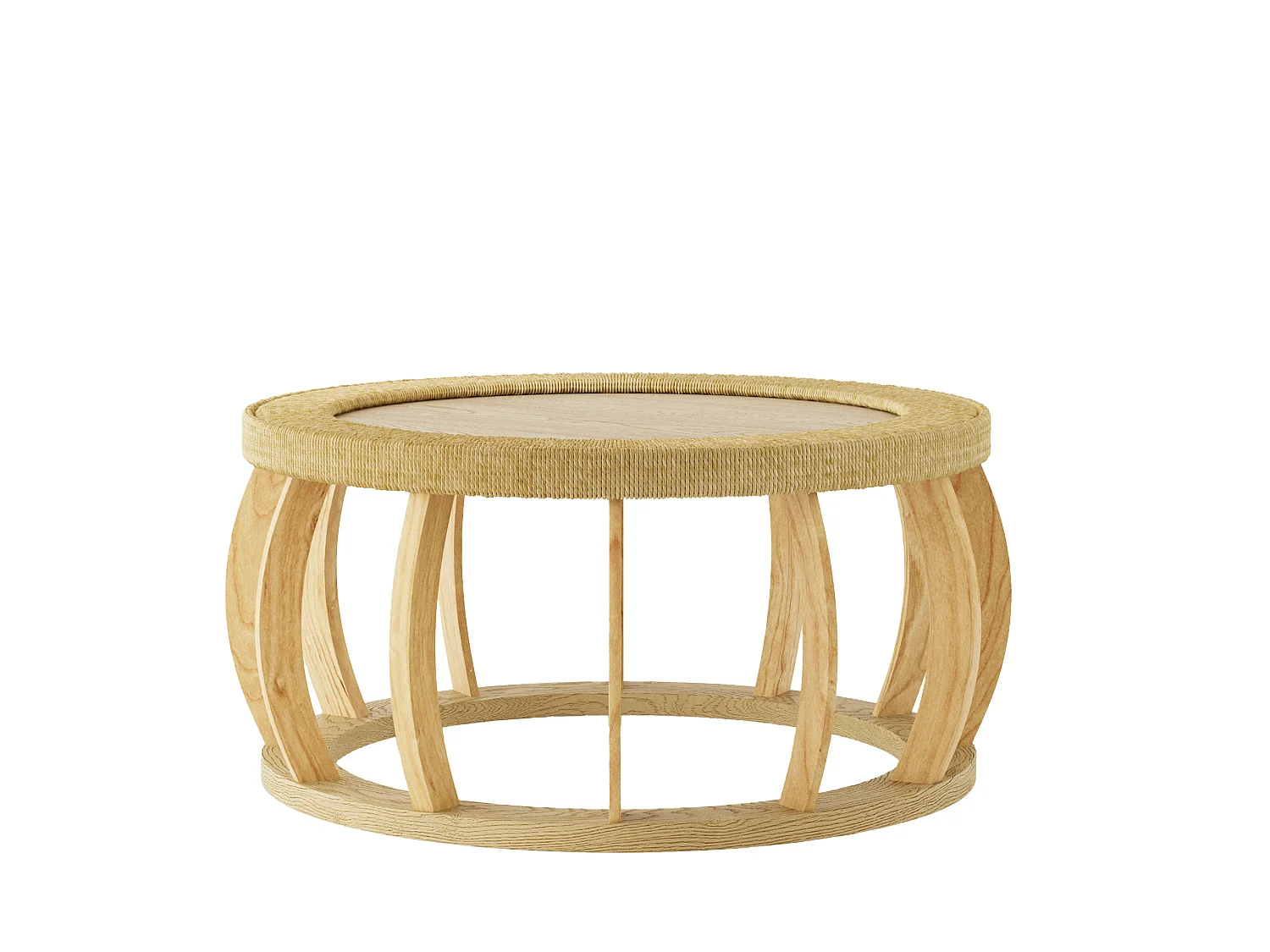 Table basse ronde 90x90x43 cm effet rotin - Pieds incurvés - Naturel clair