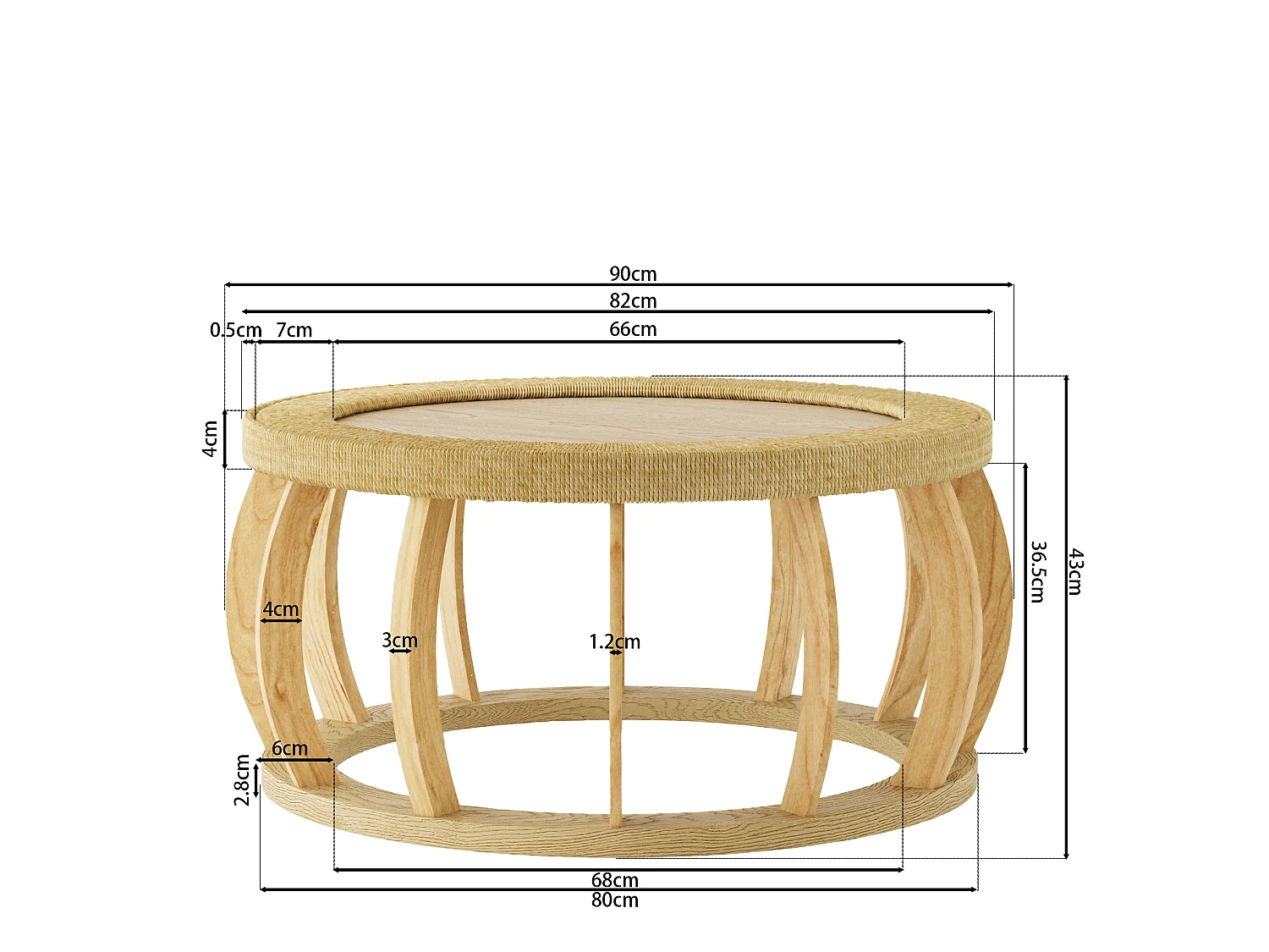 Table basse ronde 90x90x43 cm effet rotin - Pieds incurvés - Naturel clair