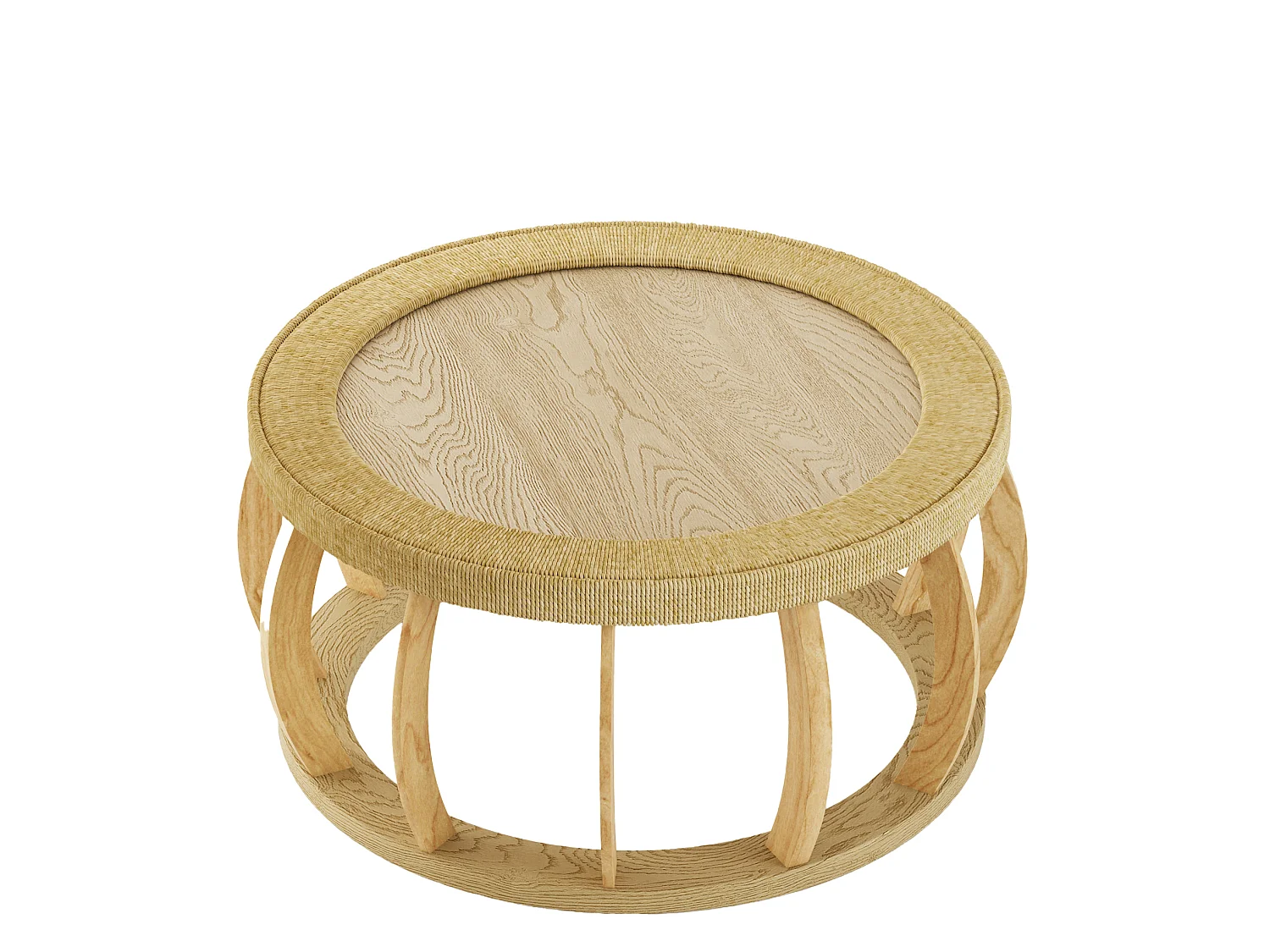 Table basse ronde 90x90x43 cm effet rotin - Pieds incurvés - Naturel clair