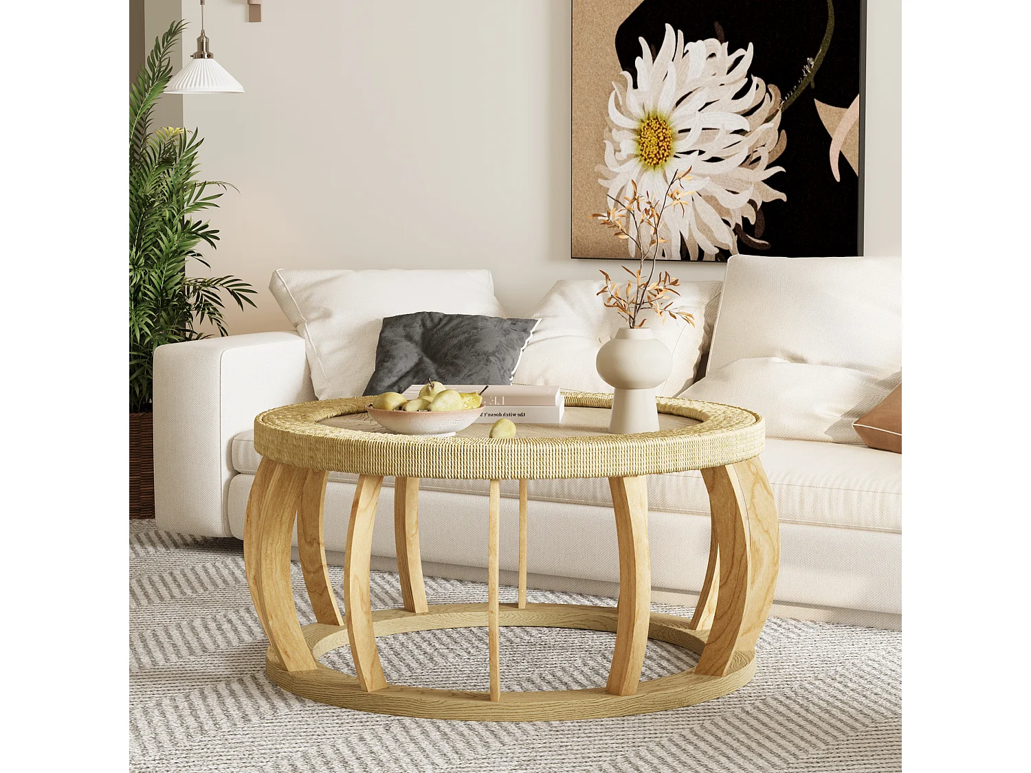 Table basse ronde 90x90x43 cm effet rotin - Pieds incurvés - Naturel clair