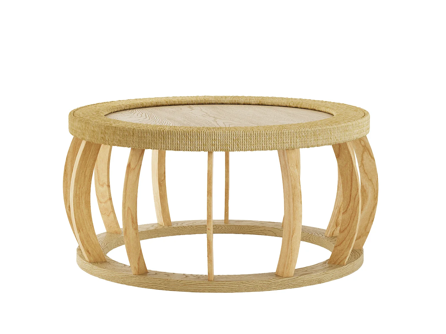 Table basse ronde 90x90x43 cm effet rotin - Pieds incurvés - Naturel clair