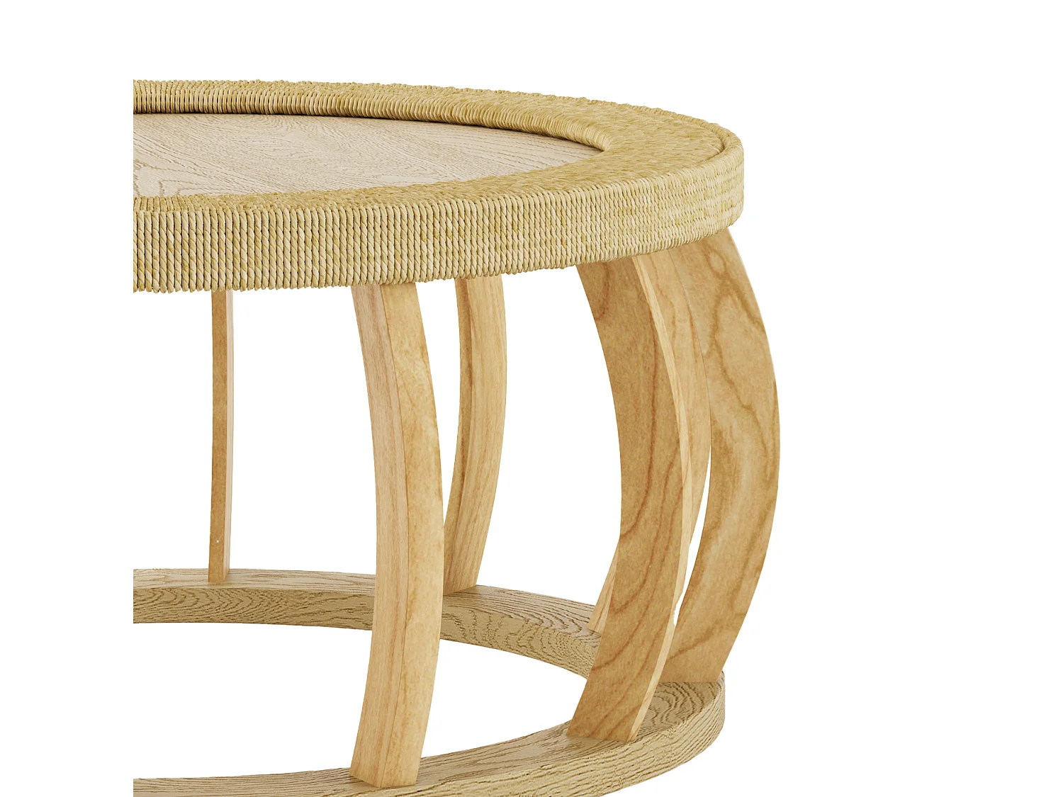 Table basse ronde 90x90x43 cm effet rotin - Pieds incurvés - Naturel clair