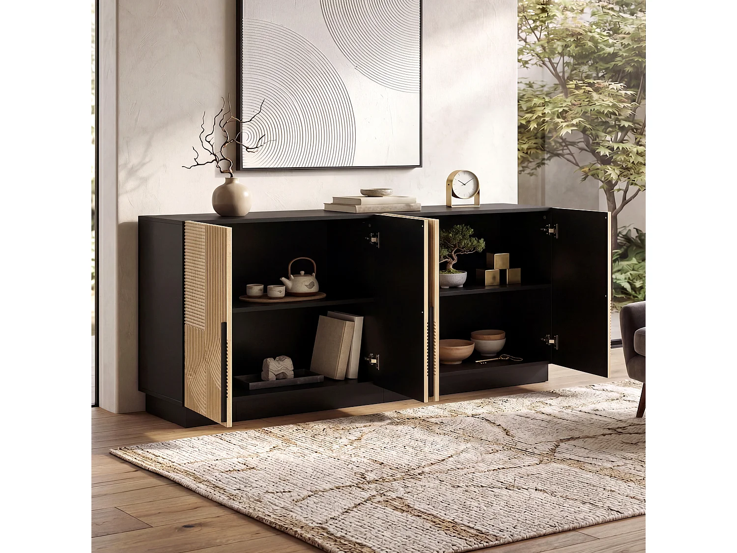 Buffet avec 4 portes - Poignées en métal, structure en PB et MDF - Noir et bois