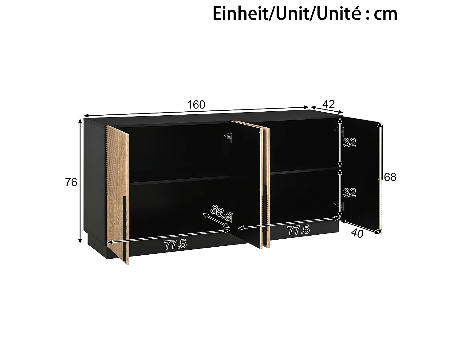 Buffet avec 4 portes - Poignées en métal, structure en PB et MDF - Noir et bois