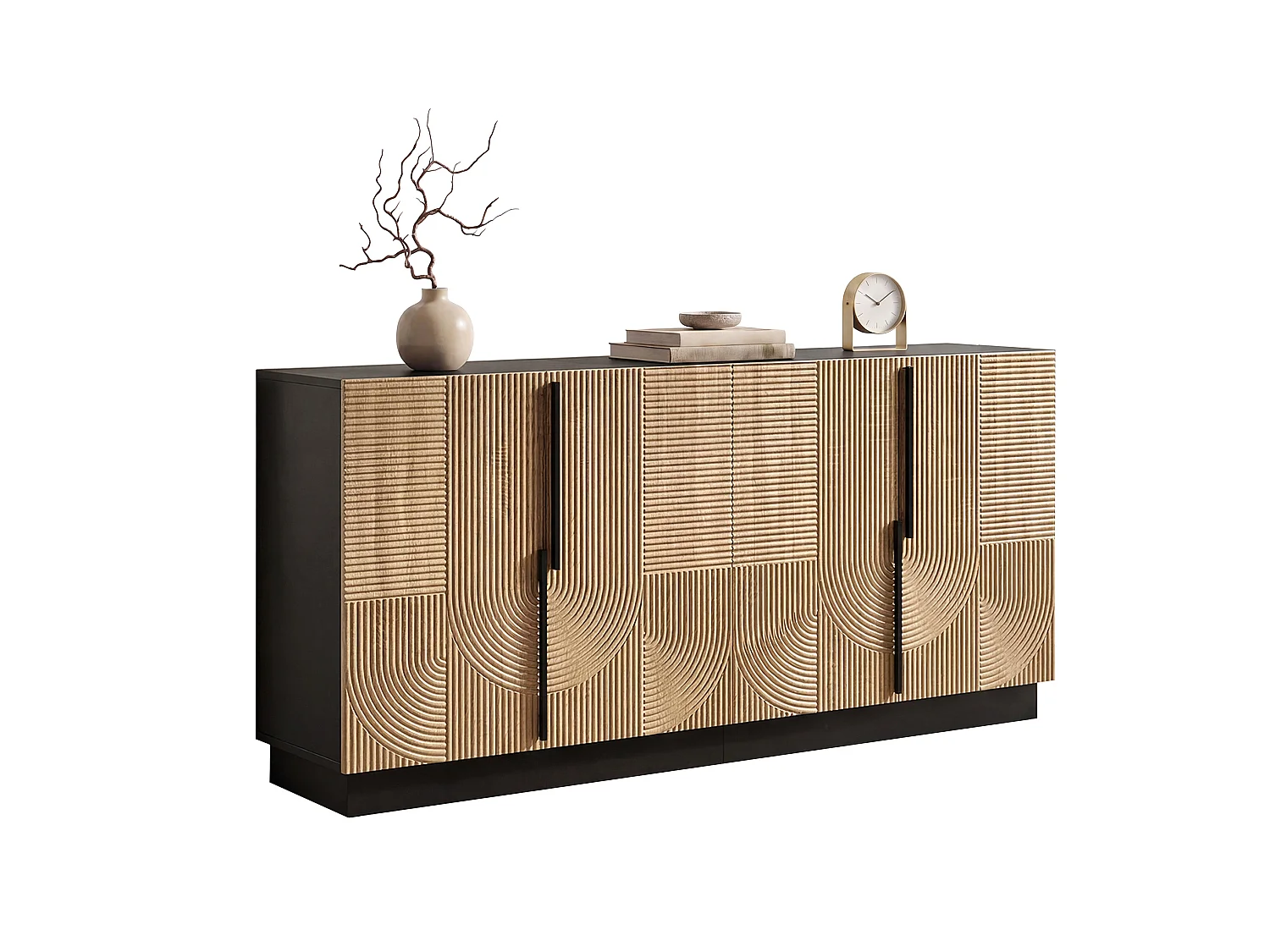 Buffet avec 4 portes - Poignées en métal, structure en PB et MDF - Noir et bois