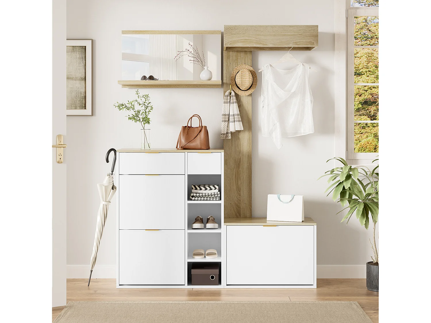 4-delat hallset i vit och naturfärgad finish, med 2 lådor, öppna fack och en spegel