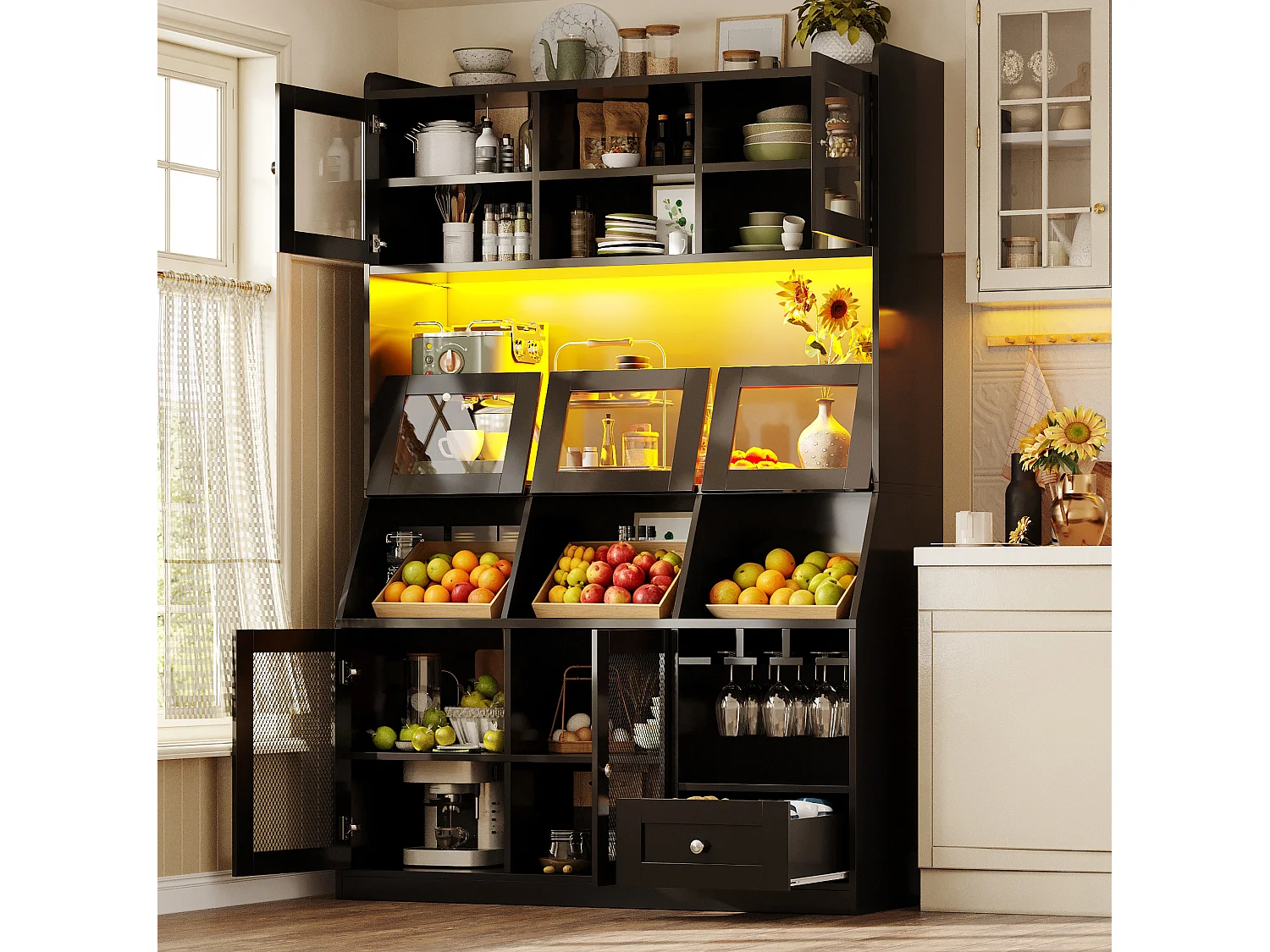 Buffet de cuisine 120x40x181,7 cm avec port USB, portes vitrées et LED, noir
