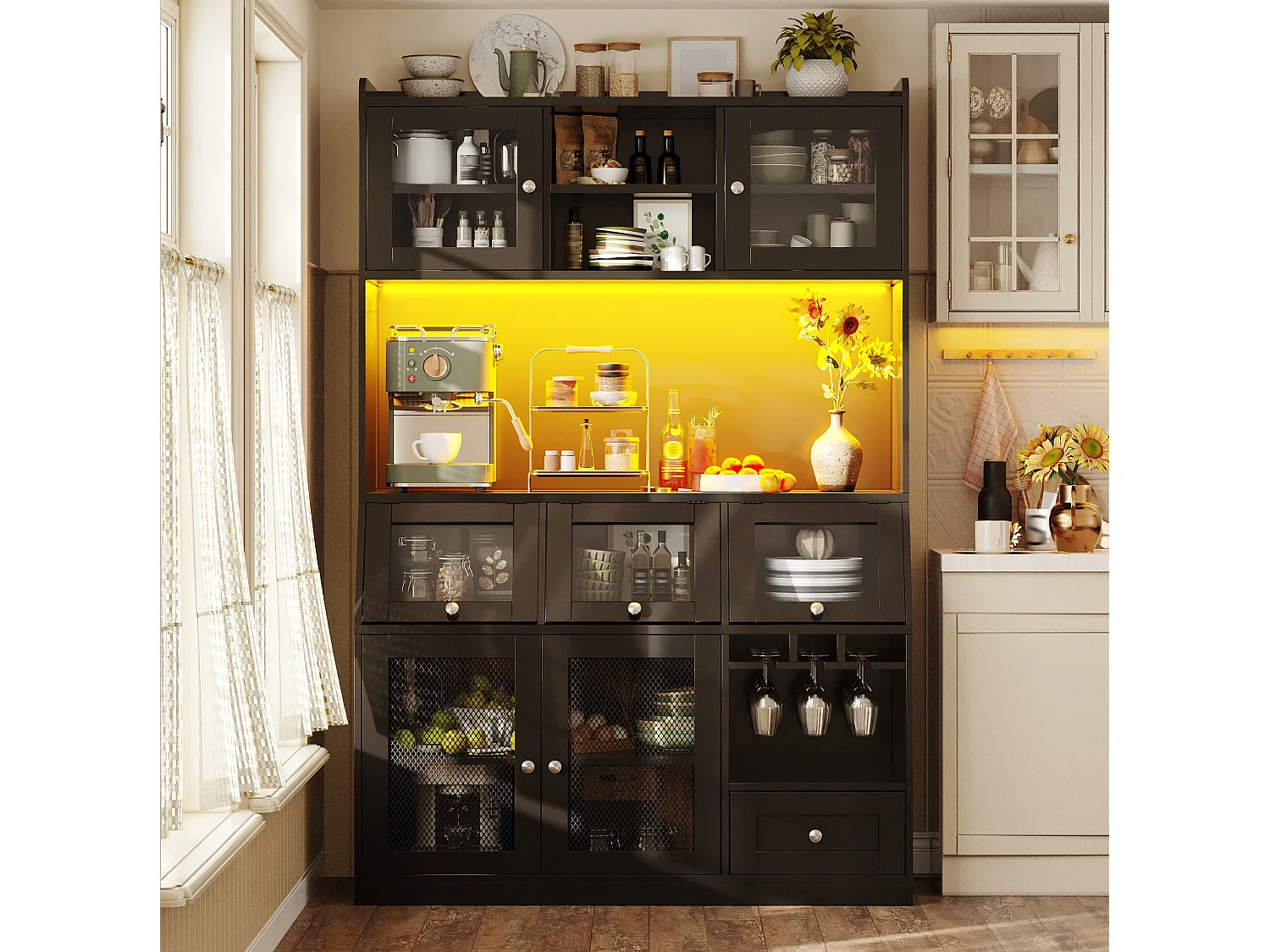 Buffet de cuisine 120x40x181,7 cm avec port USB, portes vitrées et LED, noir