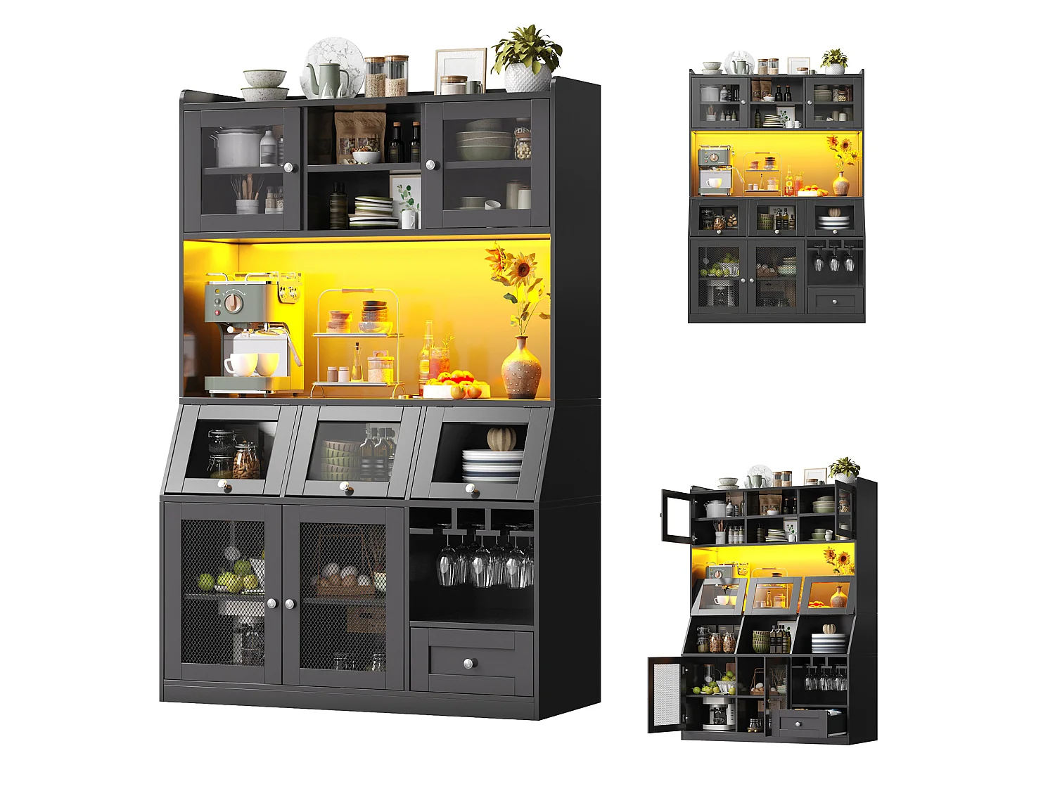 Buffet de cuisine 120x40x181,7 cm avec port USB, portes vitrées et LED, noir