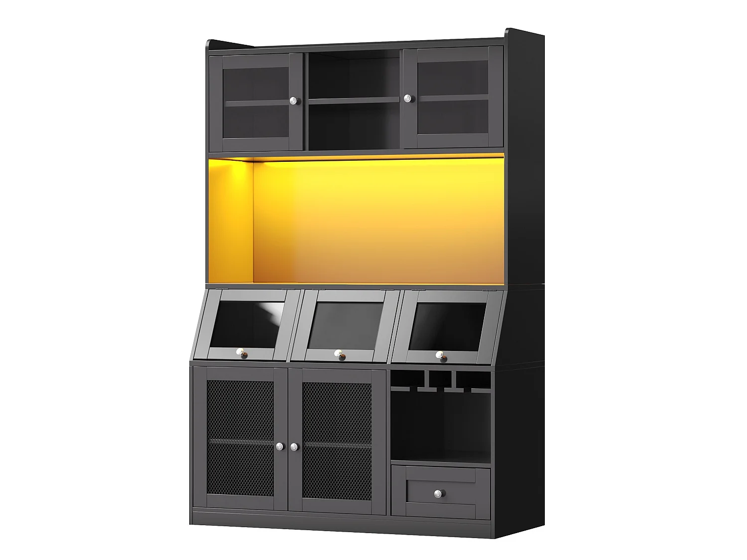 Buffet de cuisine 120x40x181,7 cm avec port USB, portes vitrées et LED, noir