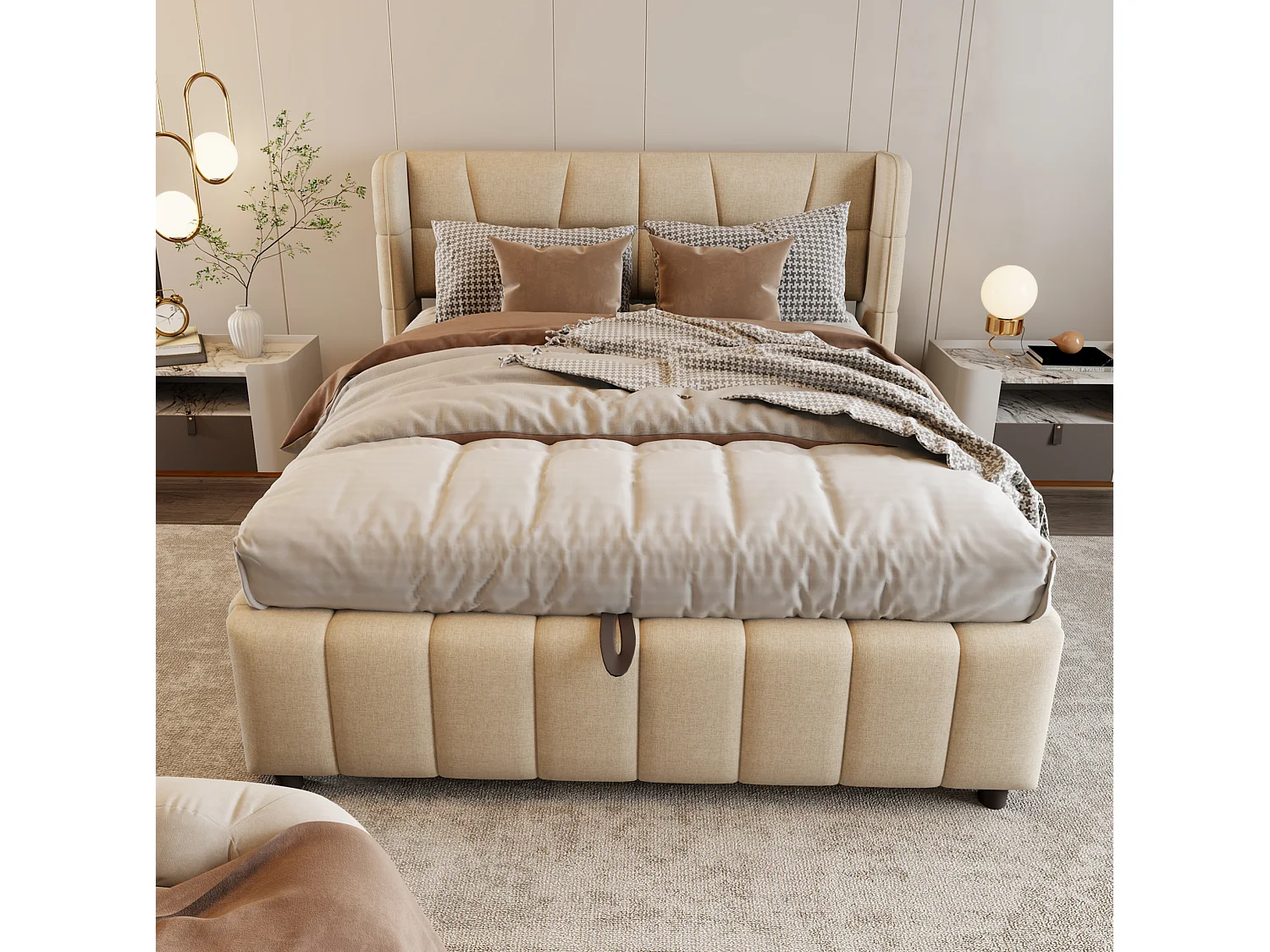 Beige tygsäng med förvaring (140 x 200 cm) med huvudgavel – För vuxna och tonåringar
