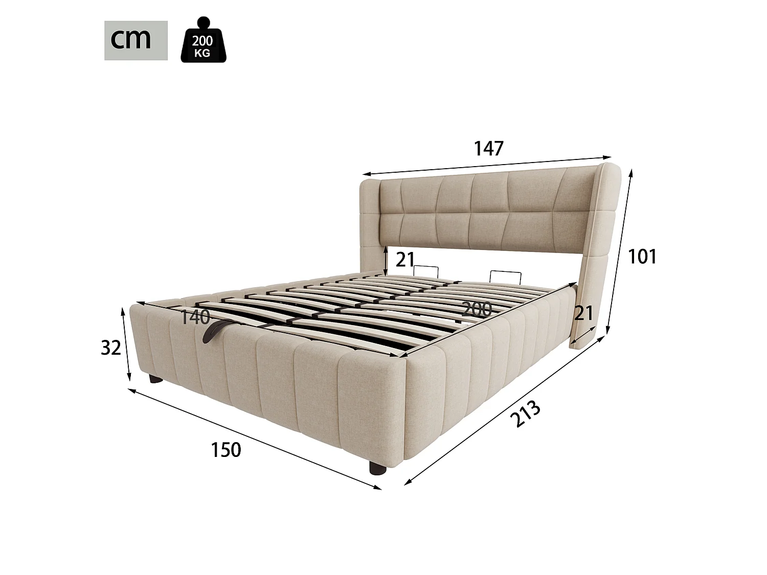 Beige tygsäng med förvaring (140 x 200 cm) med huvudgavel – För vuxna och tonåringar