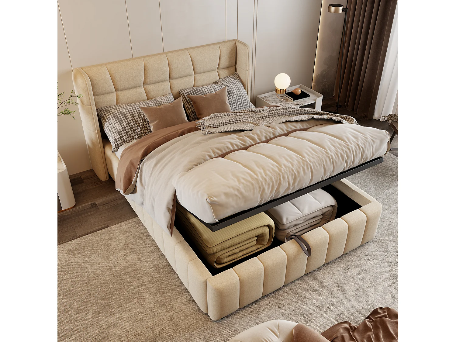 Beige tygsäng med förvaring (140 x 200 cm) med huvudgavel – För vuxna och tonåringar
