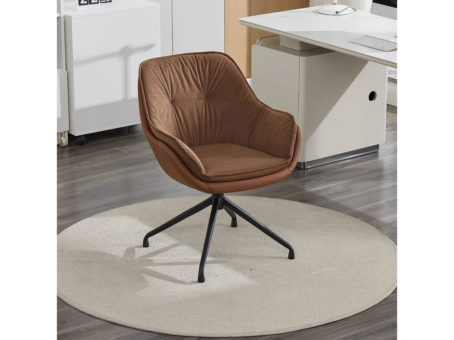 Chaise de bureau pivotant avec accoudoirs - Simili cuir et tissu - Marron