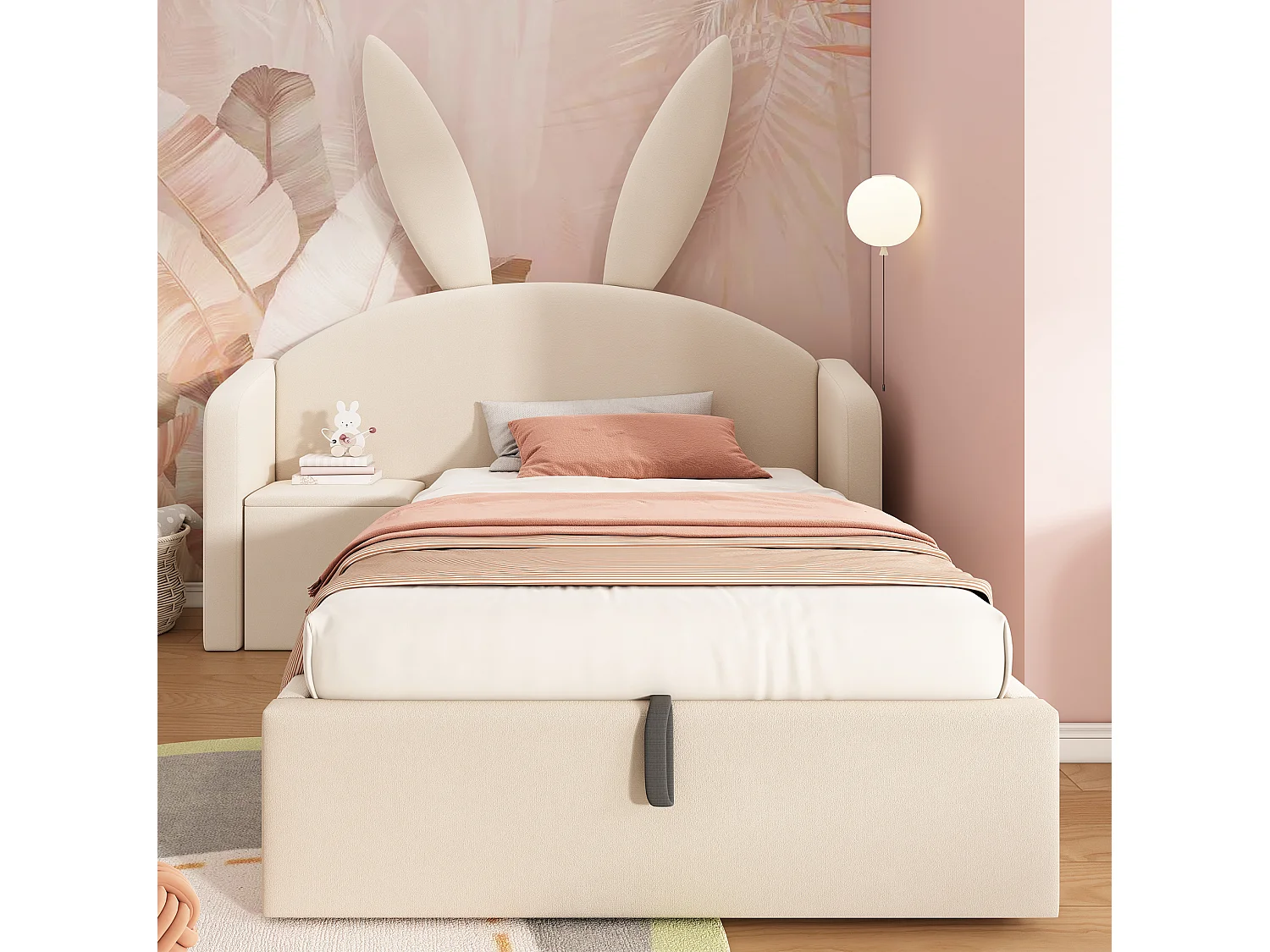 Lit coffre enfant 90x200 cm avec table de chevet et motif oreilles de lapin - Velours beige