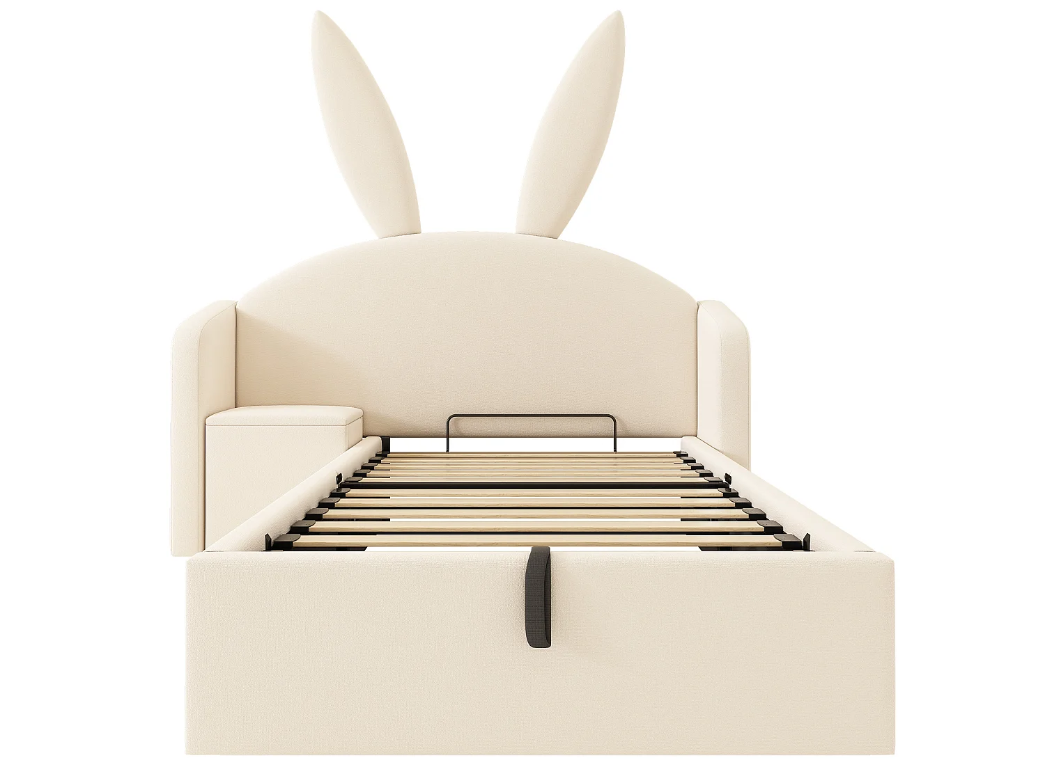 Lit coffre enfant 90x200 cm avec table de chevet et motif oreilles de lapin - Velours beige