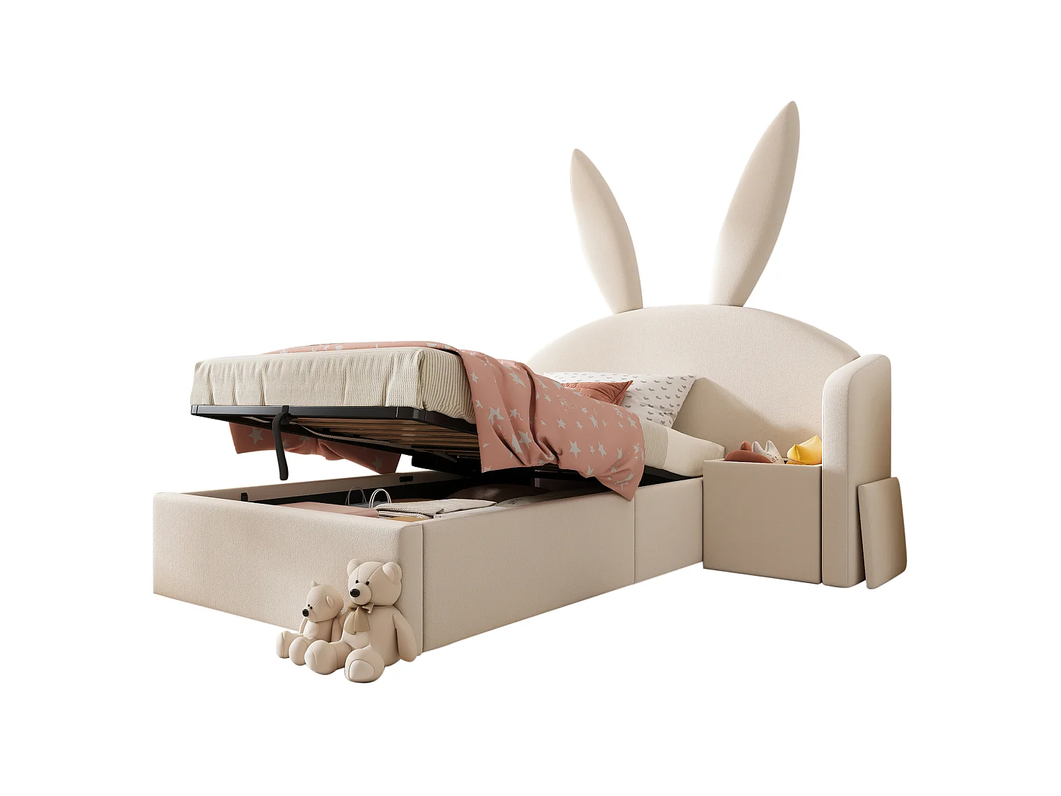Lit coffre enfant 90x200 cm avec table de chevet et motif oreilles de lapin - Velours beige