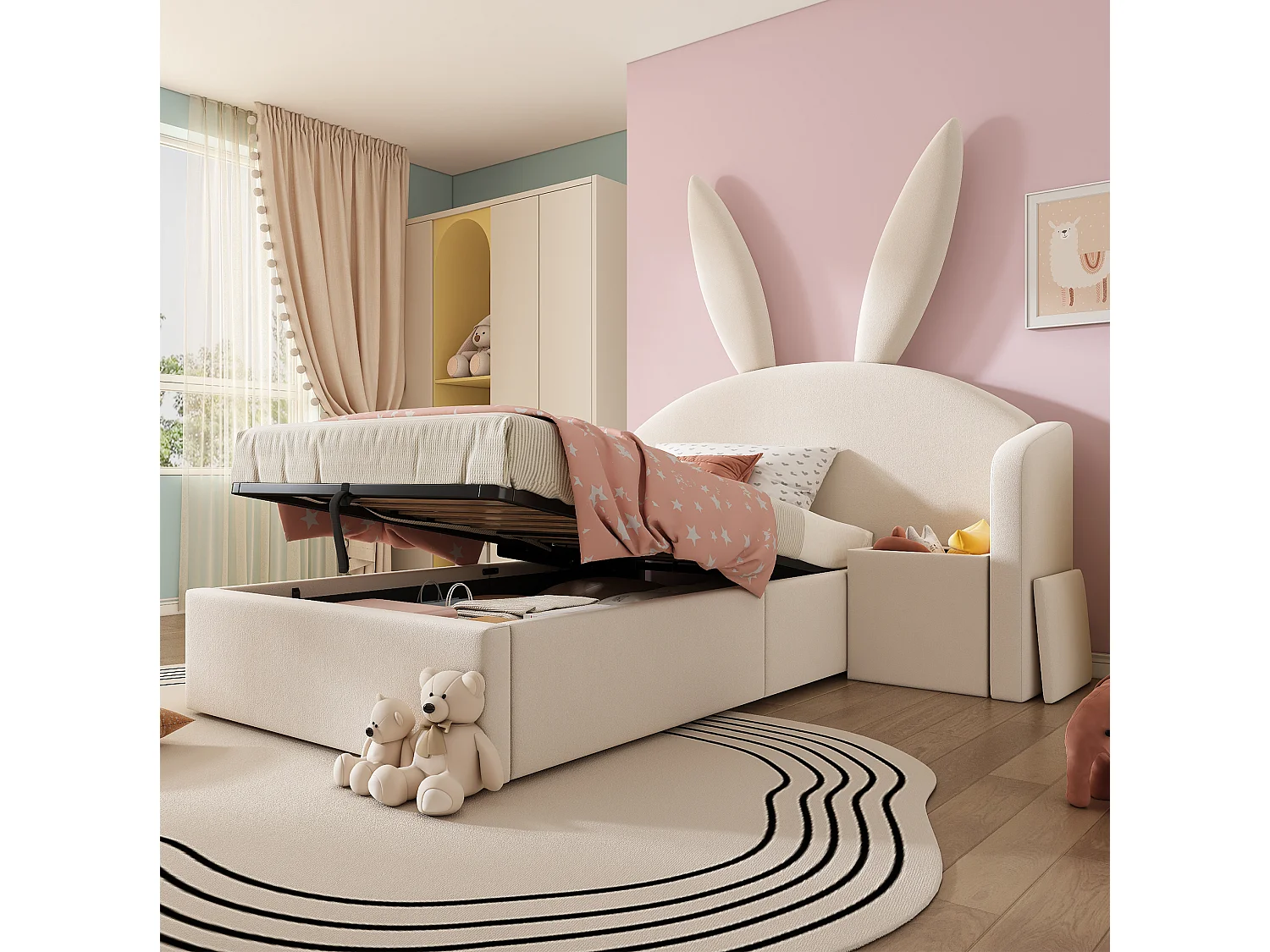 Lit coffre enfant 90x200 cm avec table de chevet et motif oreilles de lapin - Velours beige
