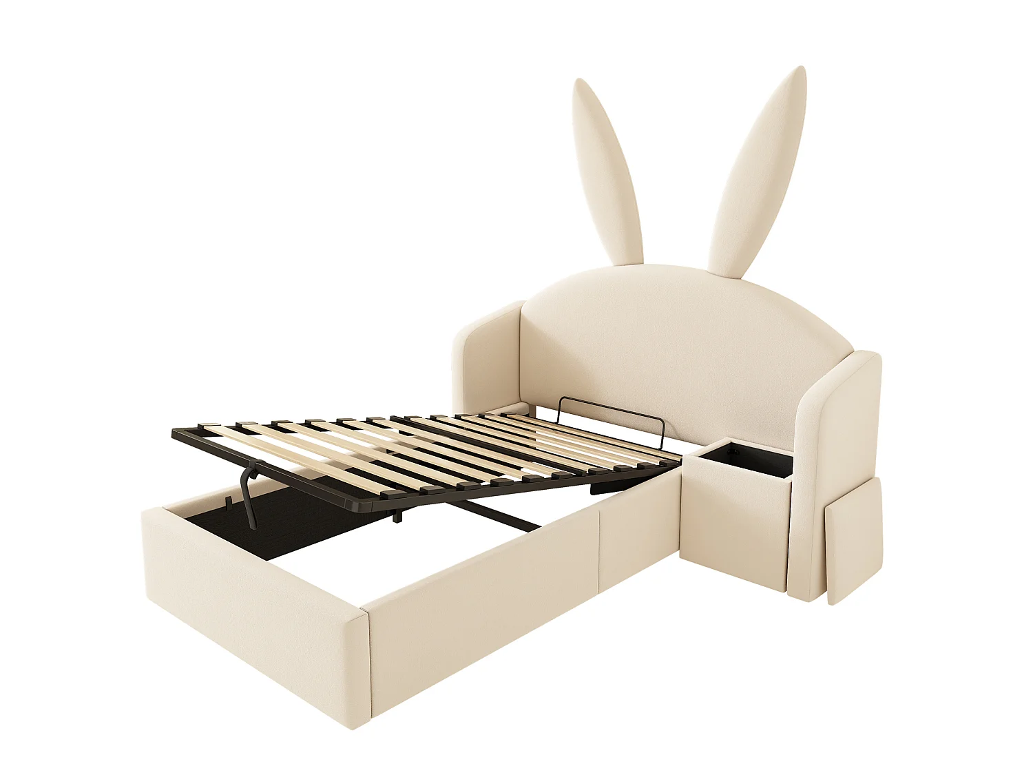 Lit coffre enfant 90x200 cm avec table de chevet et motif oreilles de lapin - Velours beige