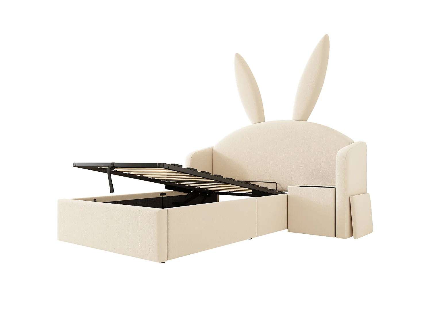 Lit coffre enfant 90x200 cm avec table de chevet et motif oreilles de lapin - Velours beige