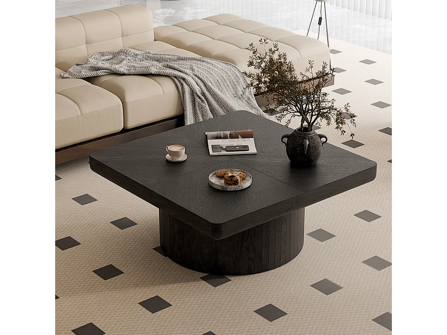 Table basse carrée 78x78x38 cm noir - Placage woodgrain