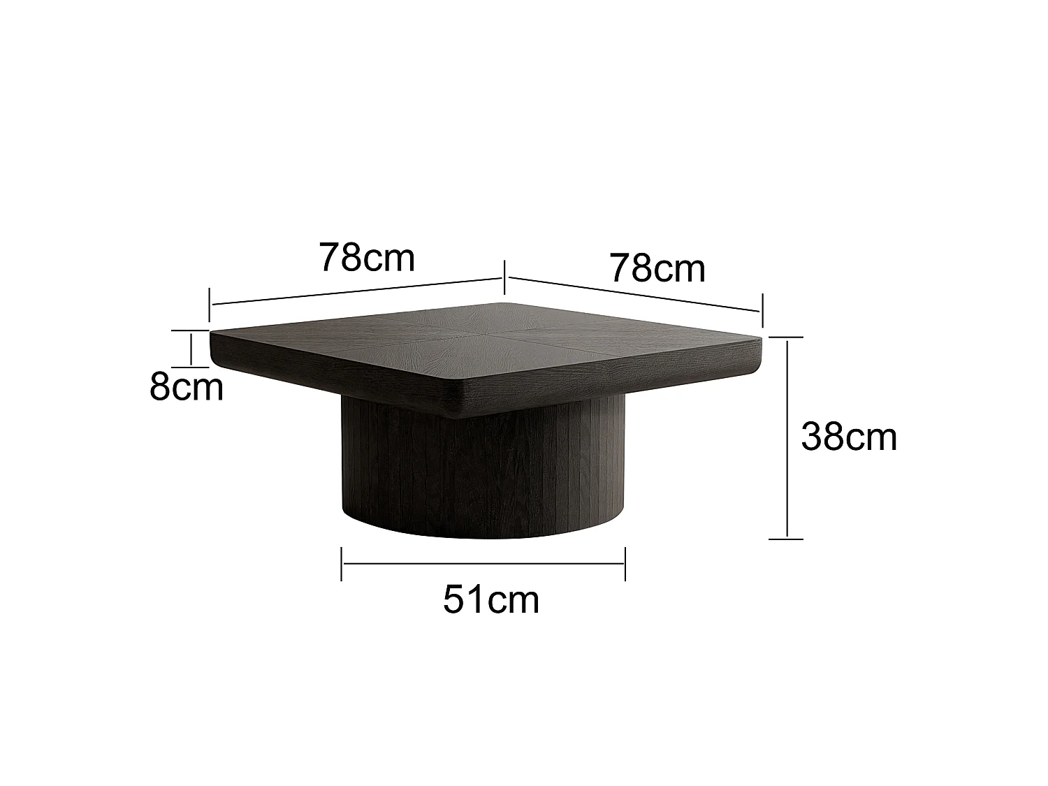 Table basse carrée 78x78x38 cm noir - Placage woodgrain