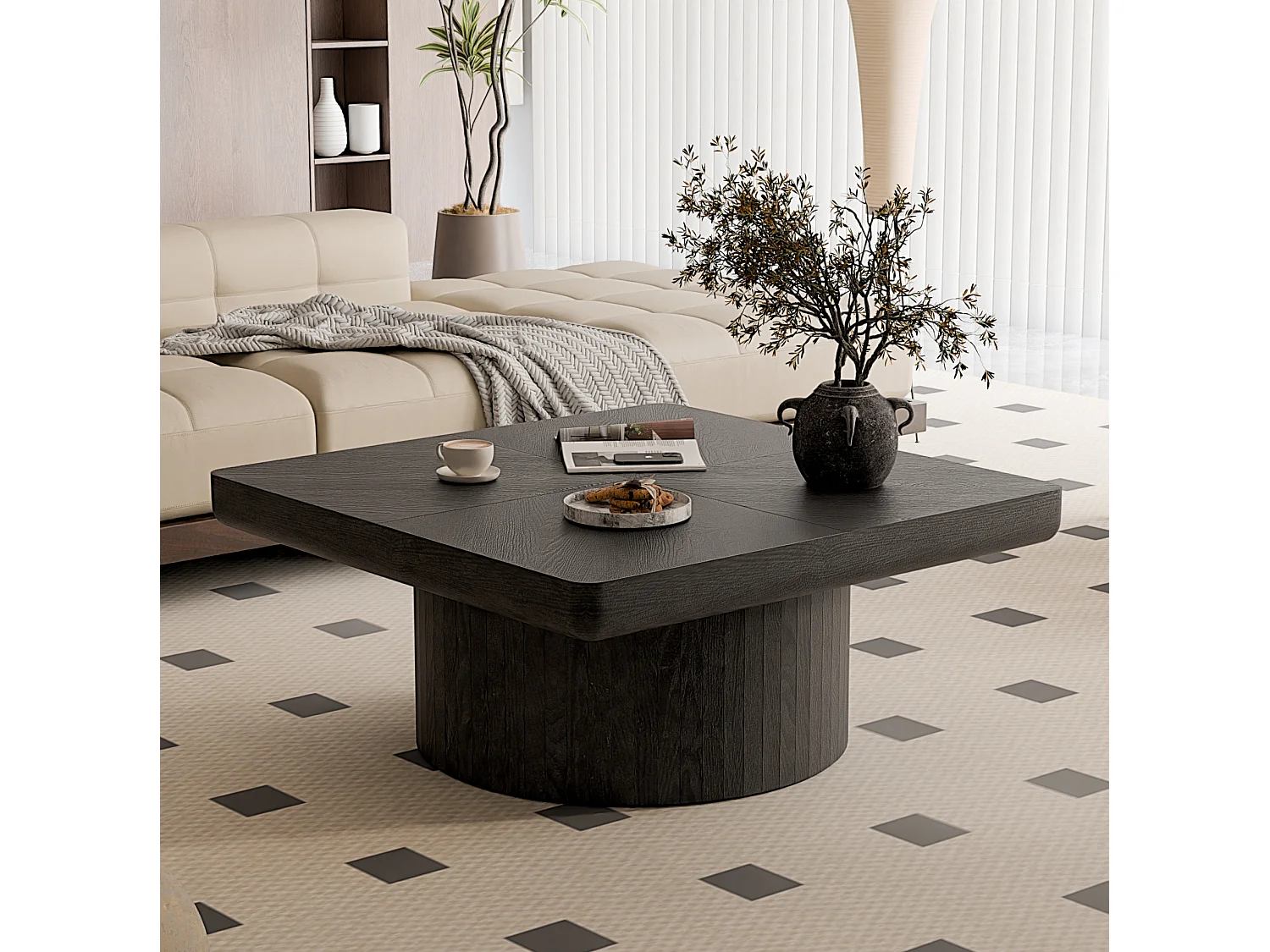Table basse carrée 78x78x38 cm noir - Placage woodgrain