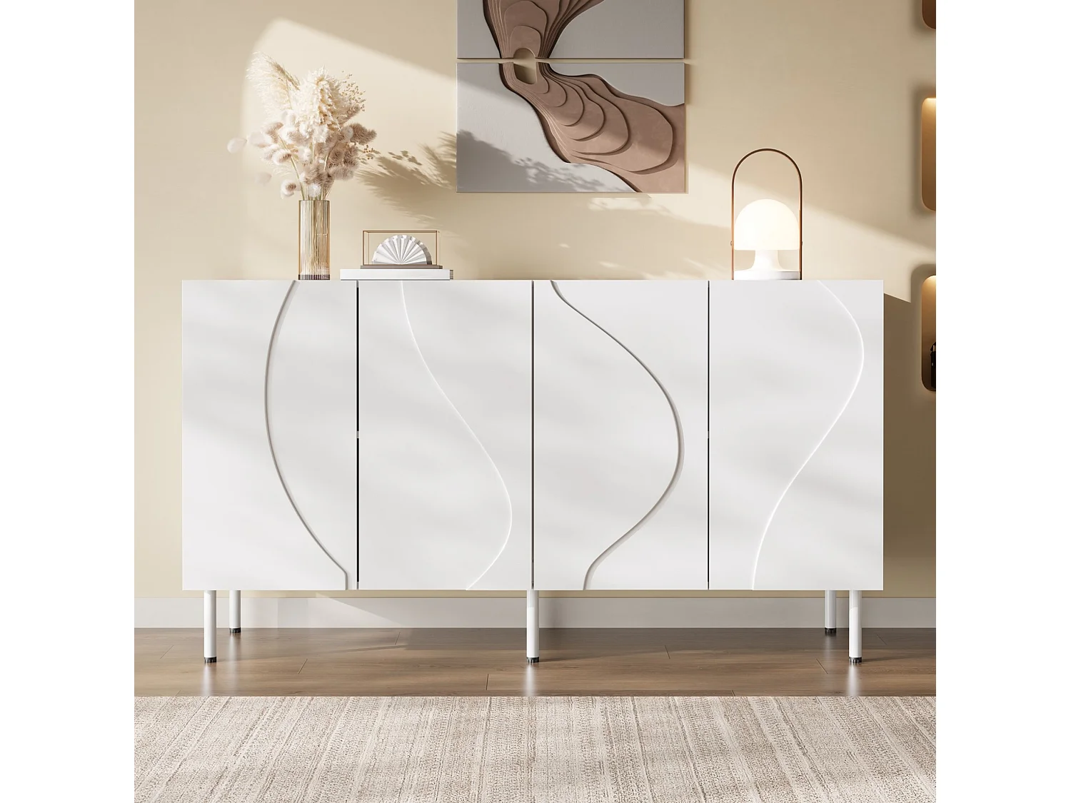 Buffet blanc avec 4 portes galbées - Bois en MDF et pieds en métal