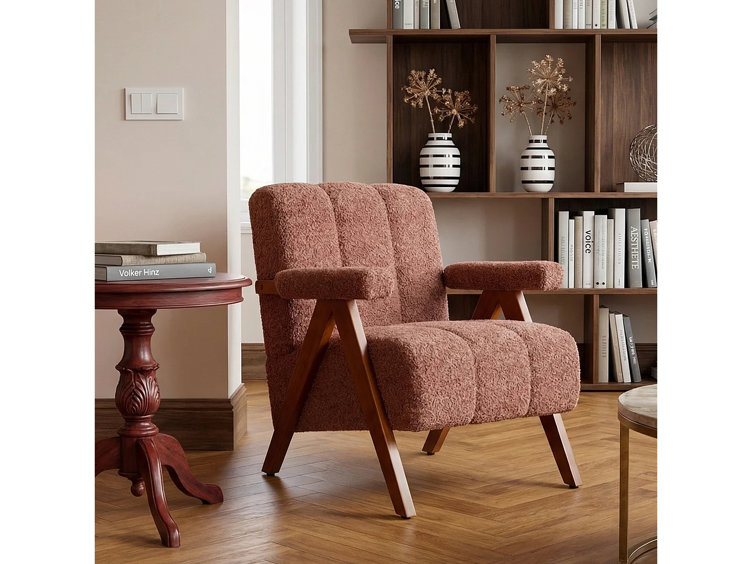 Fauteuil en tissu bouclé avec accoudoirs - Cadre en bois - Rouge rouille