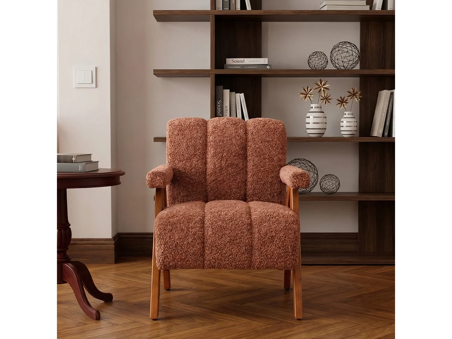 Fauteuil en tissu bouclé avec accoudoirs - Cadre en bois - Rouge rouille