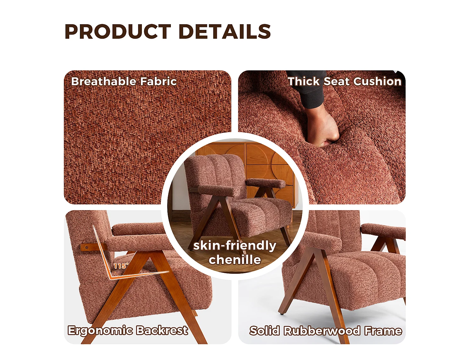 Fauteuil en tissu bouclé avec accoudoirs - Cadre en bois - Rouge rouille