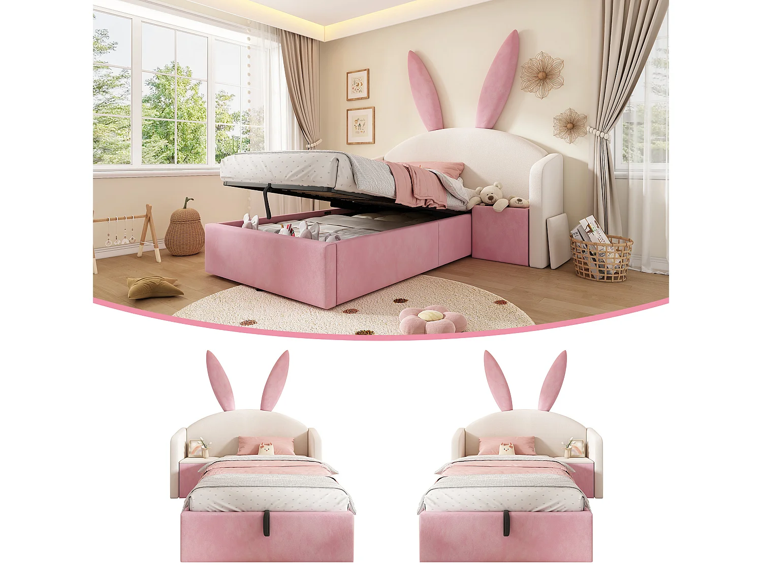 Lit coffre enfant 90x190 cm avec table de chevet - Tête de lit oreilles de lapin - Velours rose et beige