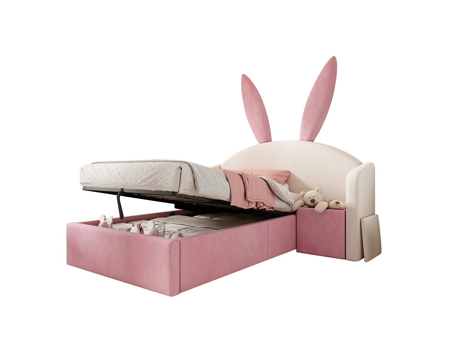 Lit coffre enfant 90x190 cm avec table de chevet - Tête de lit oreilles de lapin - Velours rose et beige