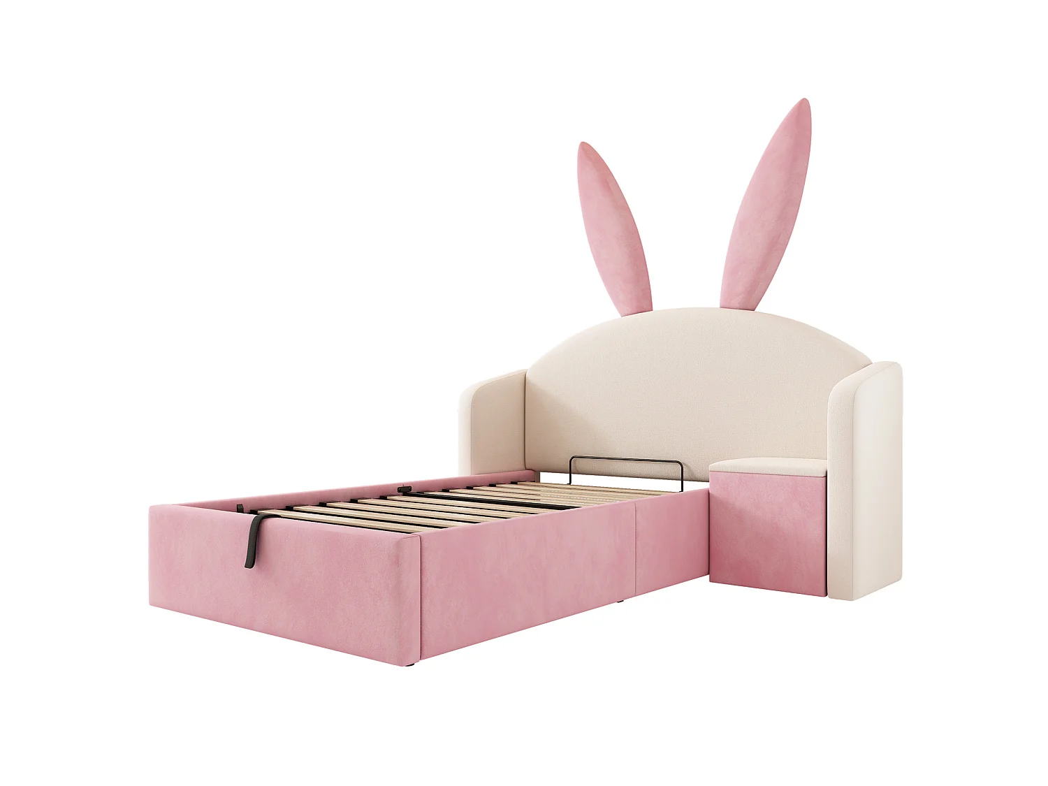Lit coffre enfant 90x190 cm avec table de chevet - Tête de lit oreilles de lapin - Velours rose et beige