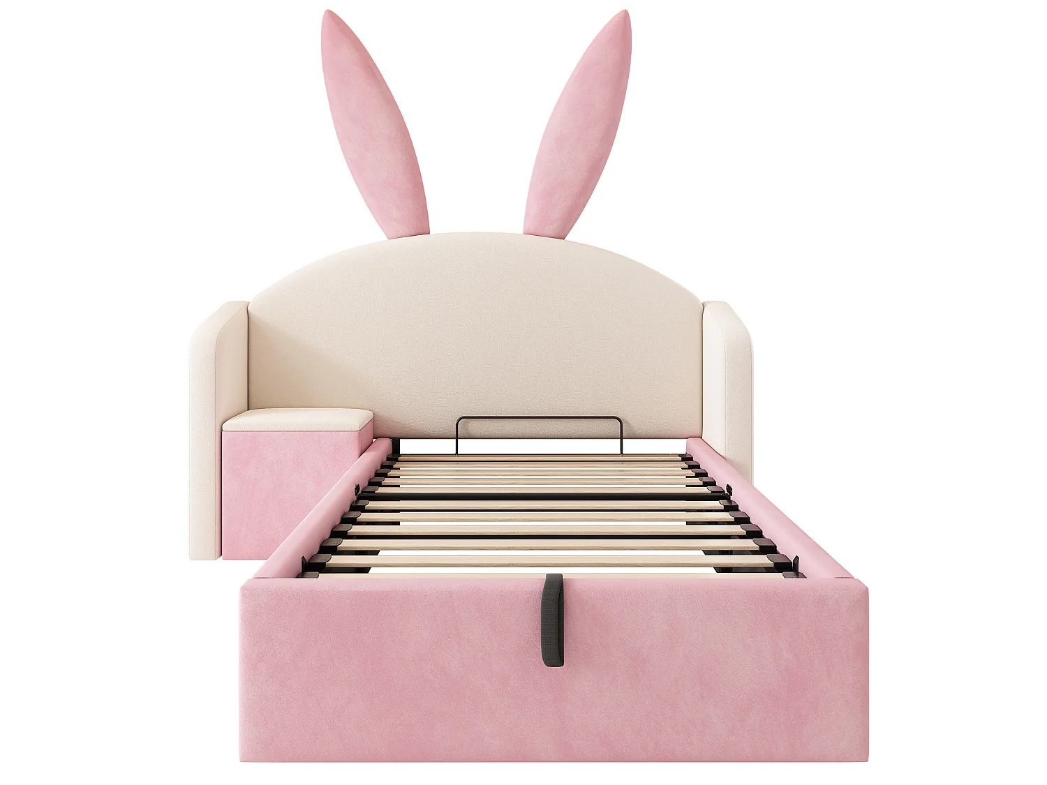 Lit coffre enfant 90x190 cm avec table de chevet - Tête de lit oreilles de lapin - Velours rose et beige