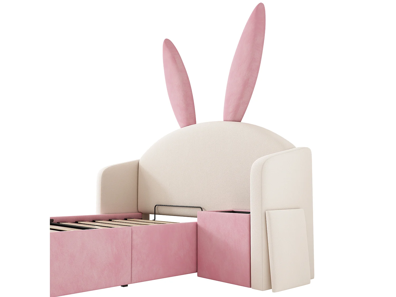 Lit coffre enfant 90x190 cm avec table de chevet - Tête de lit oreilles de lapin - Velours rose et beige